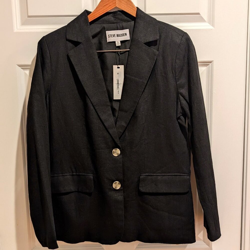 NWT Steve Madden Black Oversized Boyfriend Blazer Linen Blend Size Small
